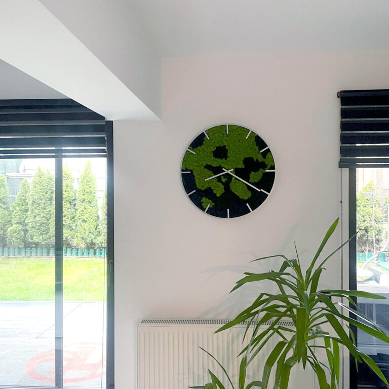 Ceas cu licheni în living modern cu acces la terasă