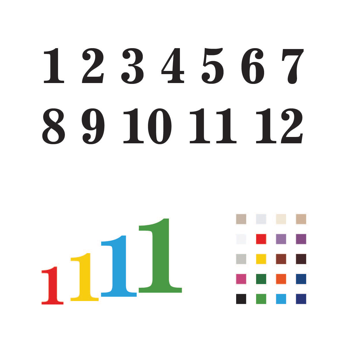 Cifre arabe pentru ceas, Font News - Set 1-12 - 3-4mm lemn/plexiglass Set complet cifre arabe 1-12 font News pentru ceas cu paletar culori - lemn plexiglass oglindă vopsit