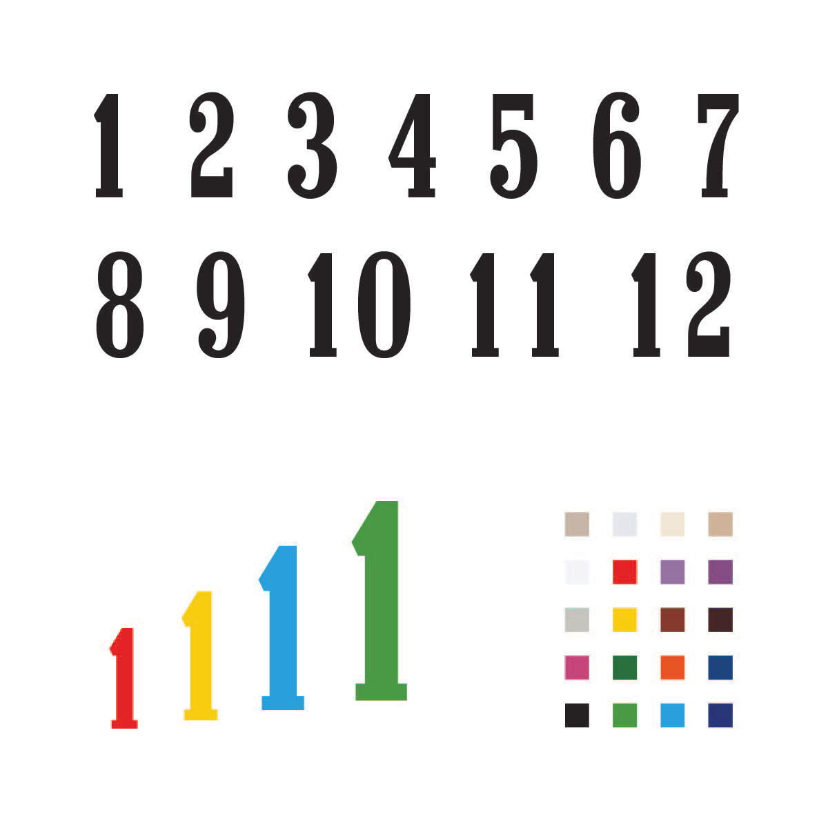 Cifre arabe pentru ceas, Font Optiposter - Set 1-12 - 3-4mm lemn/plexiglass Set complet cifre arabe 1-12 font Optiposter pentru ceas cu paletar culori - lemn plexiglass oglindă vopsit